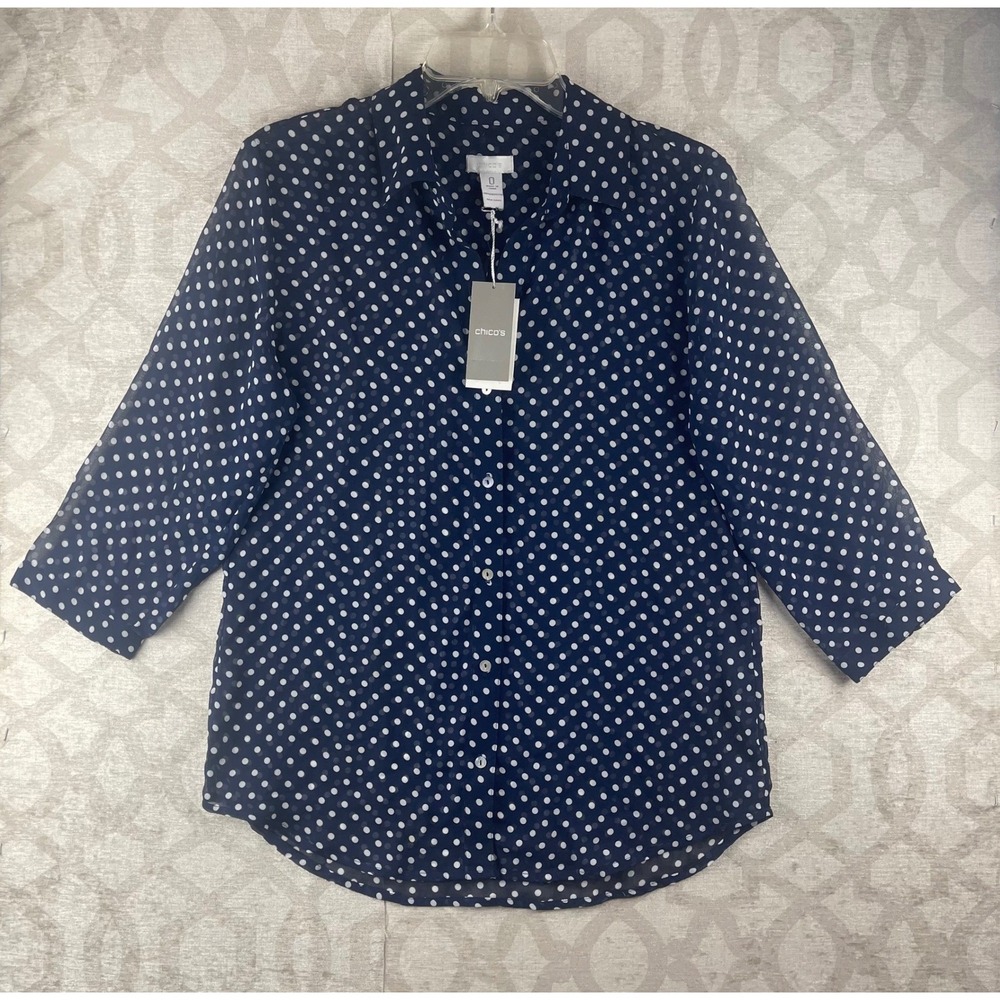 Chico's Polka Dot Button Up Shirt Women 0 S Blue NWT Sheer 3/4 Sleeve Midnight